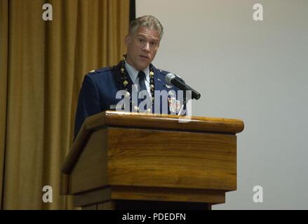 Lt. Col. John Sevier, 647th Air Base Group deputy commander, gives the opening remarks during the Joint Force Diversity Committee’s Asian American Pacific Islander Heritage Month observance, Joint Base Pearl Harbor-Hickam, Hawaii, May 17, 2018. The observance was held to celebrate and acknowledge the roles Asian Americans and Pacific Islanders have played throughout history. Stock Photo