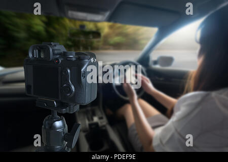 vlogger using  laptop  sharing her content making recording video for her vlog trends Stock Photo