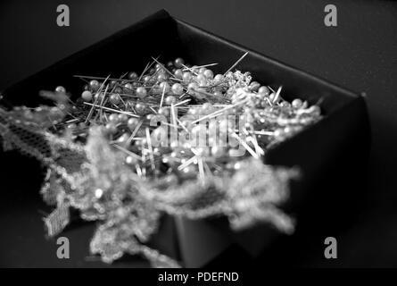 Pearl pins in a black box Melbourne, Victoria, Australia Stock Photo
