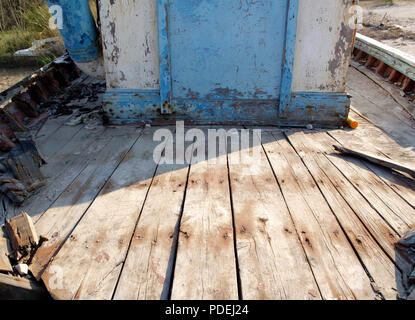 View Deck Of Old And Weathered Fishing Boat With Peeling Paint At