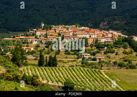 The village and Moulin d'Omer of Cucugnan,  famous book by Alphonse Daudet's 'Les lettres de mon moulin', Aude, Occitanie, France Stock Photo