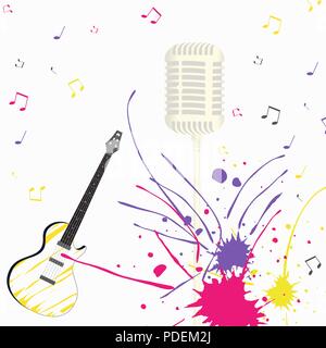 music singing guitar with microphone on a background of multicolored paints and notes Stock Vector