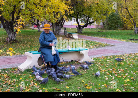 Old woman wearing blue coat sitting on bench in public park and feeding pigeons on fall trees background. Autumn in nature and autumn in people life. Stock Photo