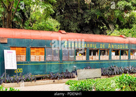 Medellin, Colombia, March 24, 2018: Fast food place located in old train wagon located at Botanical garden in Medellin, Colombia. Stock Photo