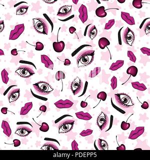 Girly eyes and kiss lips makeup with cherry seamless pattern. Vector illustration isolated on white background. Stock Vector