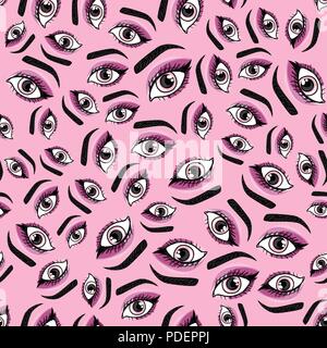 Girly eyes seamless pattern. Vector illustration isolated on pink background. Stock Vector