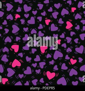 Vector purple and pink color heart hand drawn seamless pattern Isolated on black background. Stock Vector