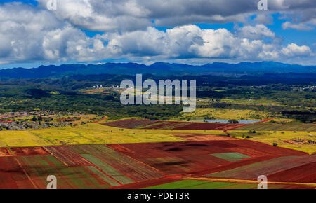 Aerial view of pineapple fields and landscape in Oahu Hawaii from a helicopter Stock Photo