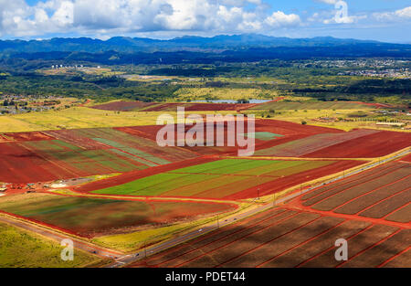 Aerial view of pineapple fields and landscape in Oahu Hawaii from a helicopter Stock Photo
