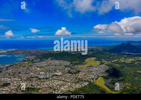 Aerial view Honolulu coastline in Hawaii from a helicopter Stock Photo