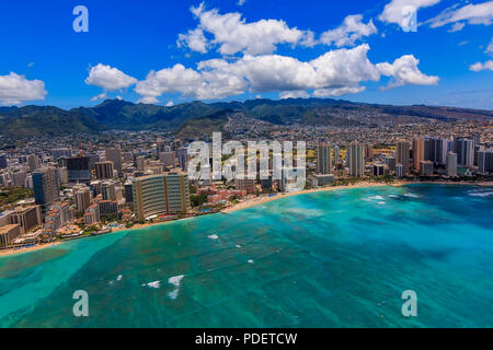Aerial view of Waikiki Beach in Honolulu Hawaii from a helicopter Stock Photo