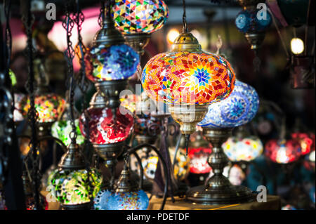 Traditional vintage Turkish lamps over light background in the night. Turkish craft Stock Photo