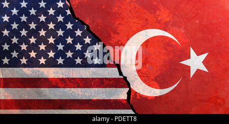 USA and Turkey relations. American and Turkish flags on cracked wall background. 3d illustration Stock Photo