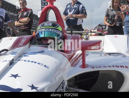 Conor Daly, driver of the #17 U.S. Air Force Recruiting Service Thom Burns Racing Honda, awaits his turn to qualify during 'bump day' May 19, 2018, at Indianapolis Motor Speedway, Indianapolis. Daly finished 21st in the 102nd Indy 500. Stock Photo