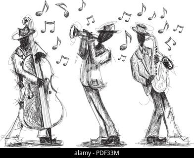 Jazz band doodles. Hand drawn jazz band with a trumpet player, bassist,and saxophonist Stock Vector