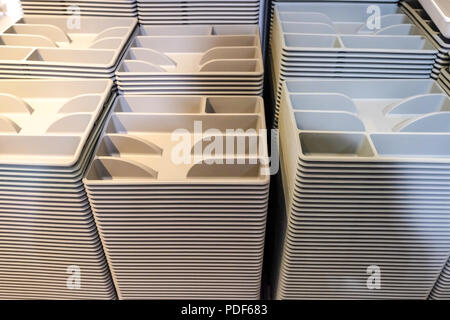 Equipment for tableware And serving items. Trays and dishes serving. Trays are plastic. Stock Photo