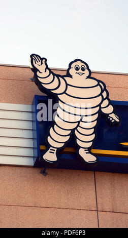 Bibendum at the top of Michelin headquarters building, Clermont-Ferrand, Auvergne, Massif-Central, France Stock Photo