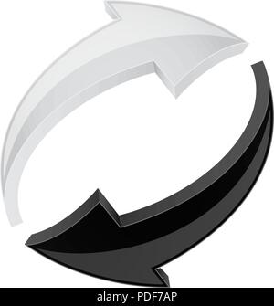 Black and white refresh arrows. 3d shiny signs in circular motion Stock Vector