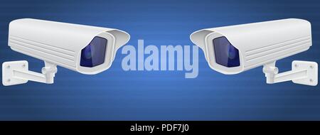 Security cameras. White CCTV surveillance system on blue background Stock Vector