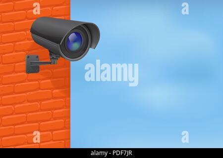 Black security camera on red brick wall. With blue sky Stock Vector
