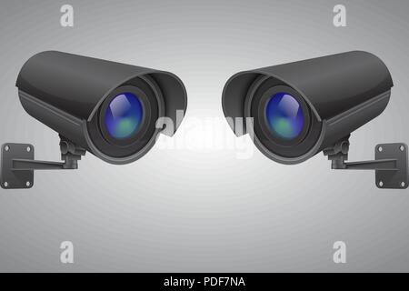 Security cameras. Black CCTV surveillance system on gray background Stock Vector