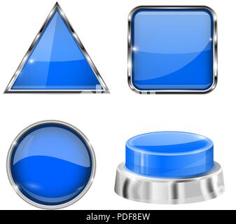 Blue glass buttons with metal frame. Collection of 3d icons Stock ...