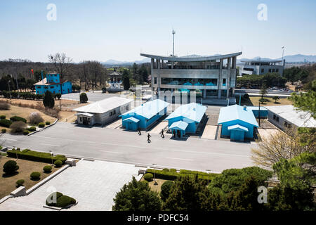 View from North Korea side in the Joint Security Area Truth Village Pamunjom of soldiers and the border within the DMZ, near Kaesong Stock Photo