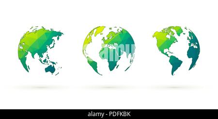 abstract green globes vector set world planet earth with geometric pattern Stock Vector