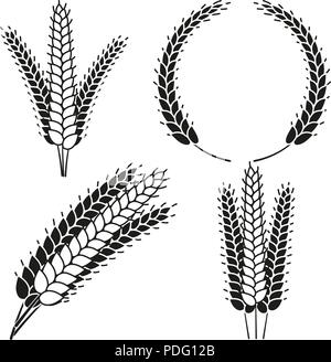 Black and white ripe wheat ear silhouette set Stock Vector