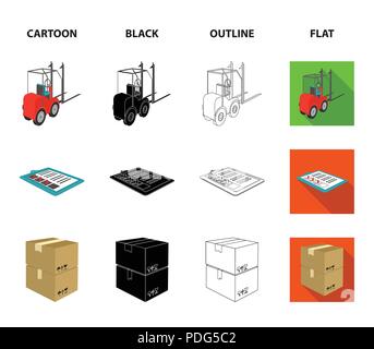 Forklift, delivery slips, packaged goods, cargo on weighing scales. Logistics and delivery set collection icons in cartoon,black,outline,flat style is Stock Vector