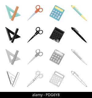 School accessories triangle, ruler, scissors, pen and calculator. School and learning set collection icons in cartoon black monochrome outline style v Stock Vector