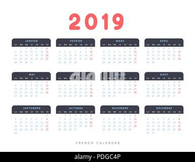 Simple french calendar for 2019 years, week starts on Monday. Stock Vector