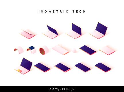 Isometric technique isolated on white background. Flat computer, tablet, phone. Modern bracelet and portable battery charge. Stock Vector