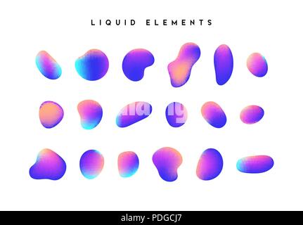 Gradient iridescent shapes. Set isolated liquid elements of holographic chameleon design palette of shimmering colors. Modern abstract pattern, bright colorful paint splash fluid. Stock Vector