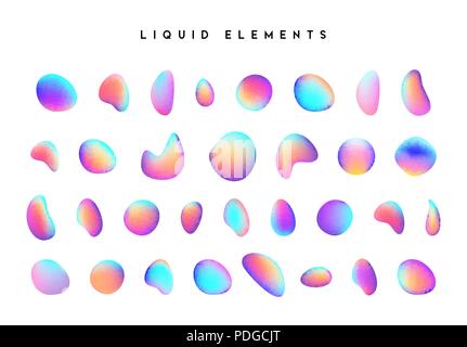 Gradient iridescent shapes. Set isolated liquid elements of holographic chameleon design palette of shimmering colors. Modern abstract pattern, bright colorful paint splash fluid. Stock Vector