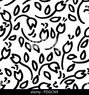 Simple black and white flowers seamless pattern. Vector illustration. Stock Vector