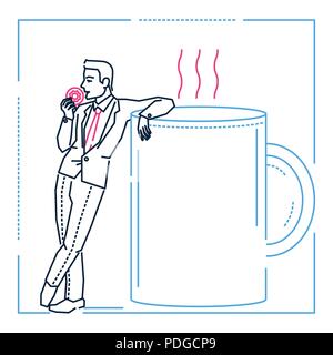 Businessman on a coffee break - line design style illustration Stock Vector
