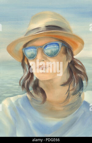 Watercolor portrait of beautiful girl in the sea background Stock Photo