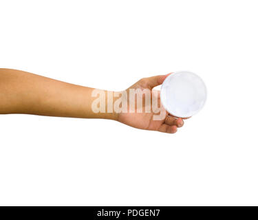 Cropped hand of person holding white ice cream bowl against white background included clipping path. Stock Photo