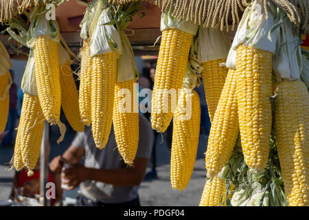 Sweet corns are hanged on the street food stall in Istanbul streets. Stock Photo