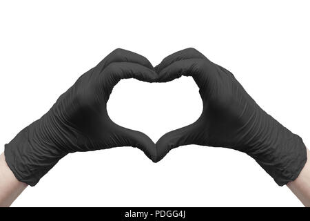 Hands heart made of black medical gloves isolated on white background Stock Photo