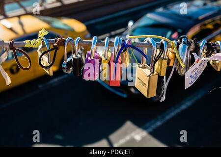 Love locks on Brooklyn Bridge, New York City Stock Photo