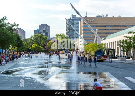 Montreal, Canada - August 5, 2018: Central Place des Arts Square with fountains in Montreal downtown, Canada Stock Photo