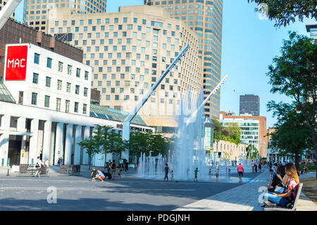 Montreal, Canada - August 5, 2018: Central Place des Arts Square with fountains in Montreal downtown, Canada Stock Photo