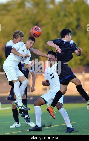 Player executing a header while beating an opponent to the ball. USA. Stock Photo