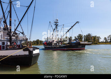 Commercial fishing vessel heading upriver to Steveston Harbour on the south arm of the Fraser near Vancouver Stock Photo