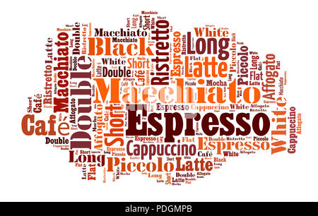 Index of coffee drinks words cloud collage, poster background, coffee concept Stock Photo