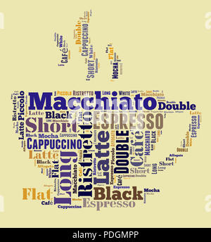 Index of coffee drinks words cloud collage, poster background, coffee concept on beautiful cup shape Stock Photo