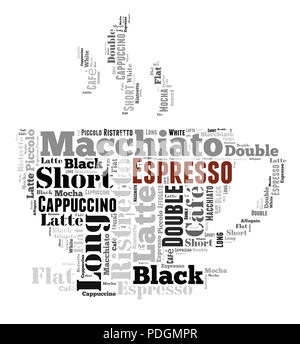 Index of coffee drinks words cloud collage, poster background, coffee concept on beautiful cup shape Stock Photo