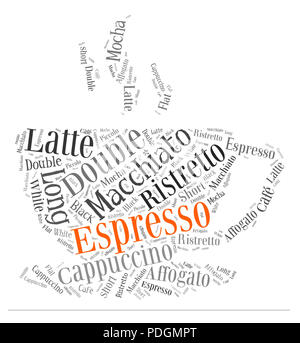 Index of coffee drinks words cloud collage, poster background, coffee concept on beautiful cup shape Stock Photo